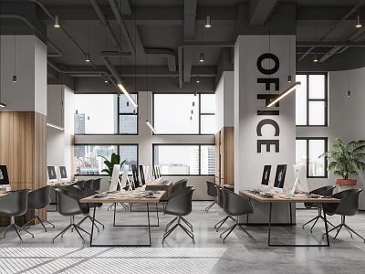 Modern Public Office Area With Desks Computers Chairs Large Windows And City View Plants 3d model