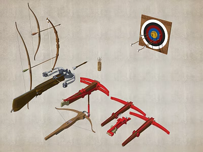 Traditional and Modern Bow and Crossbow Collection With Arrows and Target Board 3d model