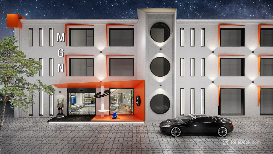 Modern Storefront Facade With White Orange Design Circular Windows Glass Entrance And Black Sports Car 3d model 