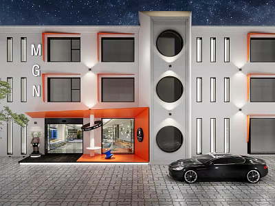 Modern Storefront Facade With White Orange Design Circular Windows Glass Entrance And Black Sports Car 3d model