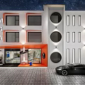 Modern Storefront Facade With White Orange Design Circular Windows Glass Entrance And Black Sports Car