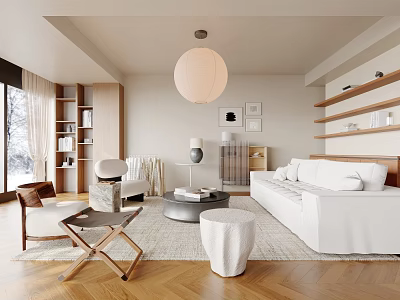 Modern Living Room Interior With White Sofa Round Pendant Light Wooden Shelves And Large Windows 3d model