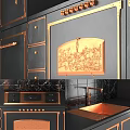 Modern Black Kitchen Cabinets With Gold Accents And Marble Backsplash 3d model