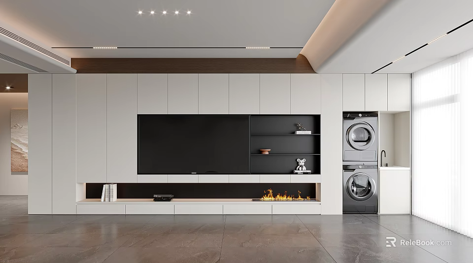 Modern TV Wall Design With White Cabinets Black TV Panel And Fireplace 3d model 