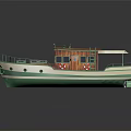 Wooden Boat With Green Trim White Canopy Deck Lifebuoys And Windows