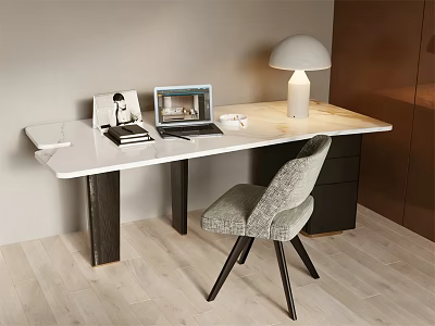Elegant Modern Desk With Marble Top Laptop Books Photo Frame And Comfortable Gray Chair 3d model