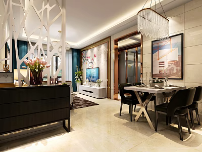 Modern Living Dining Room Interior With Chandelier Dining Table Black Chairs TV And Decorative Painting 3d model