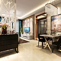 Modern Living Dining Room Interior With Chandelier Dining Table Black Chairs TV And Decorative Painting