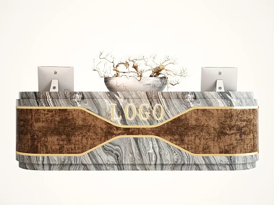 Modern Reception Desk With Marble Texture Golden LOGO Laptops And Decorative Branches 3d model