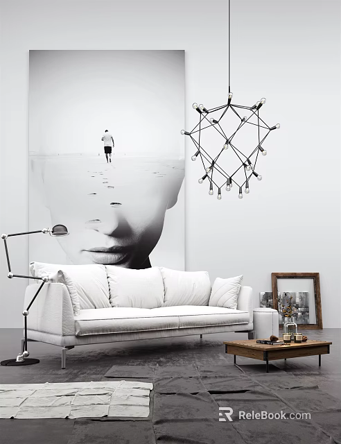 White Three Seater Sofa With Modern Art Wall Geometric Pendant Light Floor Lamp And Decor 3d model 