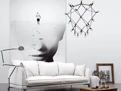 White Three Seater Sofa With Modern Art Wall Geometric Pendant Light Floor Lamp And Decor 3d model