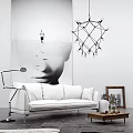 White Three Seater Sofa With Modern Art Wall Geometric Pendant Light Floor Lamp And Decor