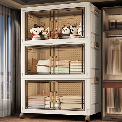 Neatly Folded Clothes In Clear Stackable Storage Bins For Home Organization 3d model