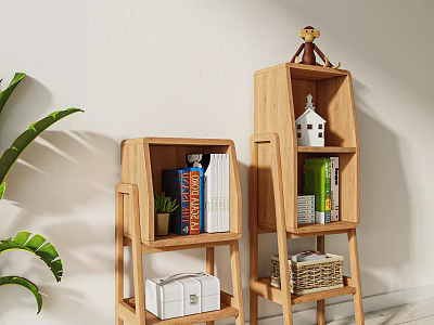 Two Wooden Bookshelves Short Tall With Books Potted Plants White Box Small House Model Basket 3d model