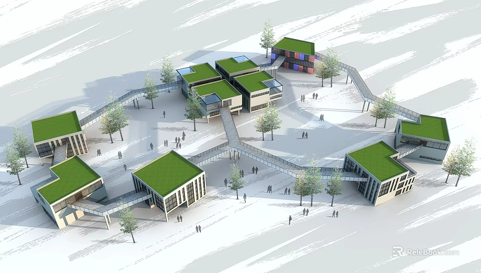 Modern Industrial Park With Green Roofs Modern Buildings Trees And Connecting Walkways 3d model 