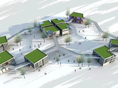 Modern Industrial Park With Green Roofs Modern Buildings Trees And Connecting Walkways 3d model