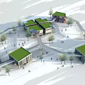 Modern Industrial Park With Green Roofs Modern Buildings Trees And Connecting Walkways