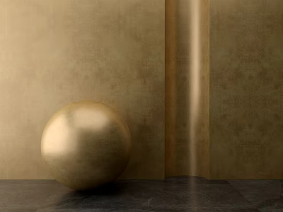 Golden Textured Wall With Gold Sphere Decoration And Dark Floor 3d model