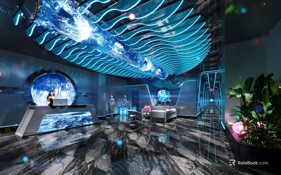Modern KTV Interior Design With Curved Ceiling Lighting And Stylish Bar Counter 3d model 
