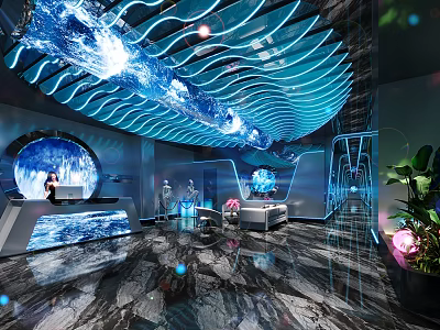Modern KTV Interior Design With Curved Ceiling Lighting And Stylish Bar Counter 3d model