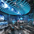 Modern KTV Interior Design With Curved Ceiling Lighting And Stylish Bar Counter
