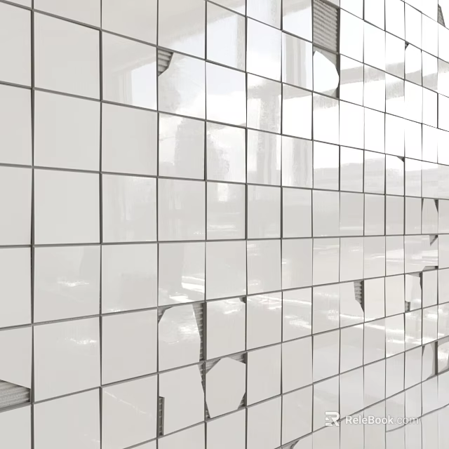 White Tiled Wall With Neatly Arranged Square Tiles And Some Chipped Edges 3d model 