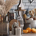 Rustic Kitchen Shelves Display With Bowls Plates Wooden Cutting Boards And Wheat Decor