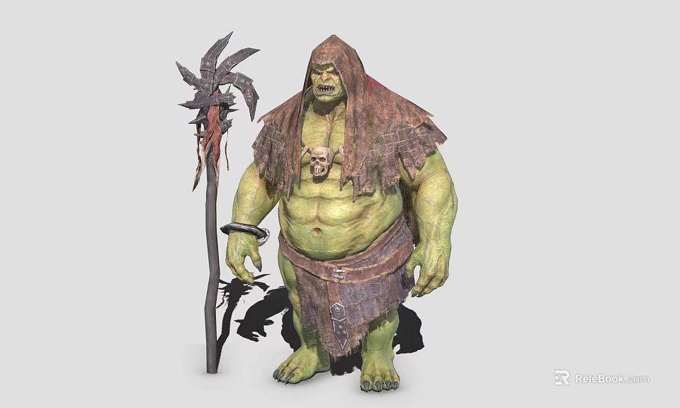 Fantasy Game Character With Green Skin Muscular Build Tattered Hooded Cloak Skull Clawed Staff 3d model 
