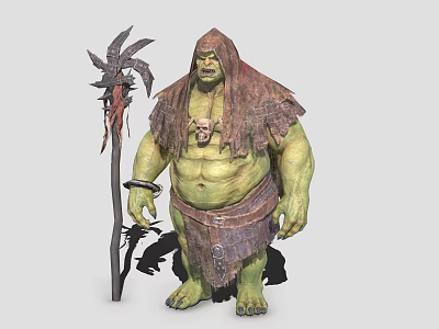 Fantasy Game Character With Green Skin Muscular Build Tattered Hooded Cloak Skull Clawed Staff 3d model