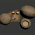 Household Supplies Featuring Sack Wrapped Containers Wooden Crate Milk Cartons And Grain Filled Earthenware Jar