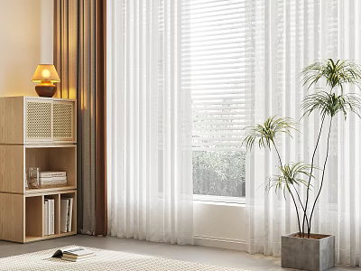 White Sheer Curtains in Modern Living Room with Window Blind Wooden Shelf and Potted Plant 3d model