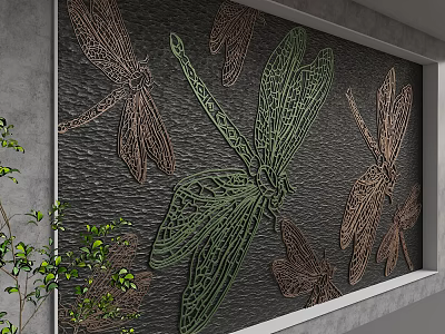 Decorative Accent Wall With Intricate Green Brown Dragonfly Patterns And Surrounding Green Foliage 3d model
