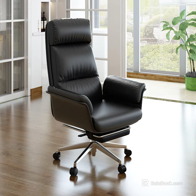 Modern Black Leather Office Chair With High Back Armrests And Rolling Wheels 3d model 