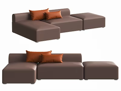 Modern Brown Leather L Shaped Sectional Sofa With Orange Decorative Pillows 3d model