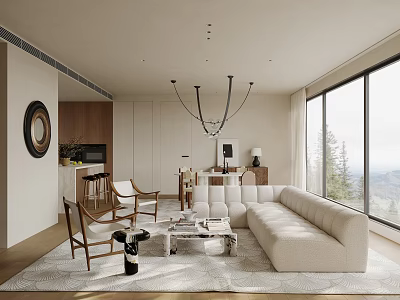 Modern Living and Dining Room Interior With Open Layout Neutral Sofa And Large Windows 3d model