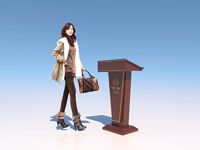 Formal Brown Functional Podium Desk With Woman Standing For Speech Presentations 3d model