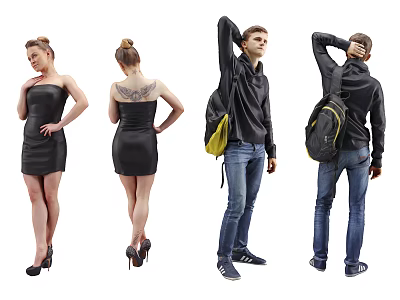 Two People Fashion Styles In Black Dress And Hoodie With Backpack 3d model