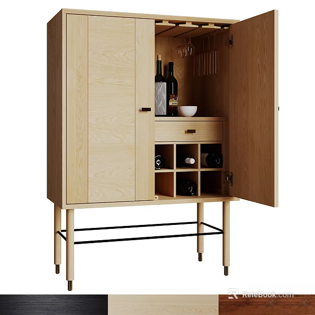 Modern Wooden Wine Cabinet With Open Door Glass Shelves Wine Bottles And Wine Glasses 3d model 