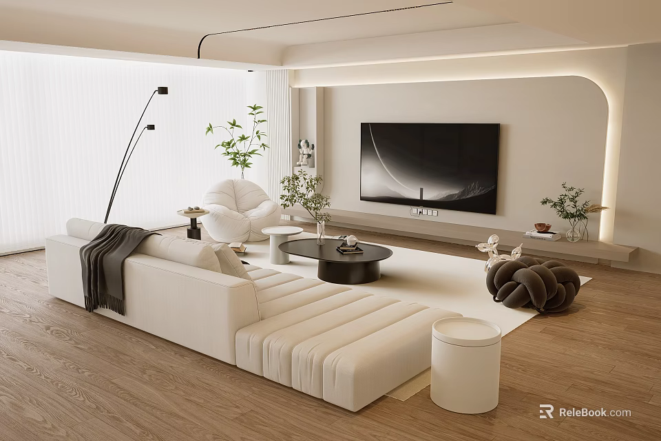 Elegant Modern Cream Tone Living Room With Soft Fabric Sofa And Minimalist TV Wall Design 3d model 