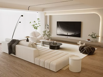 Elegant Modern Cream Tone Living Room With Soft Fabric Sofa And Minimalist TV Wall Design 3d model