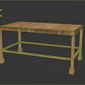Wooden Bench With Striped Plank Top And Sturdy Legs On Reflective Surface