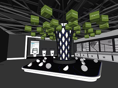 Exhibition Design With Hanging Green Cubes Tree Like Structure Black Platform And White Hemispherical Objects 3d model