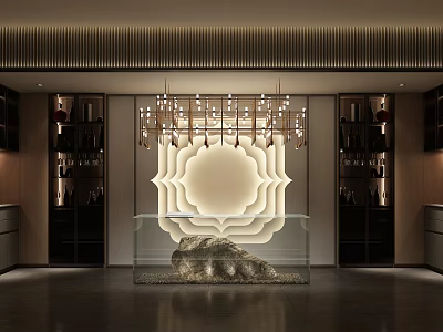 Luxurious Modern Store Front Desk Interior With Elegant Chandelier Unique Backdrop Wall And Storage Cabinets 3d model