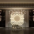 Luxurious Modern Store Front Desk Interior With Elegant Chandelier Unique Backdrop Wall And Storage Cabinets