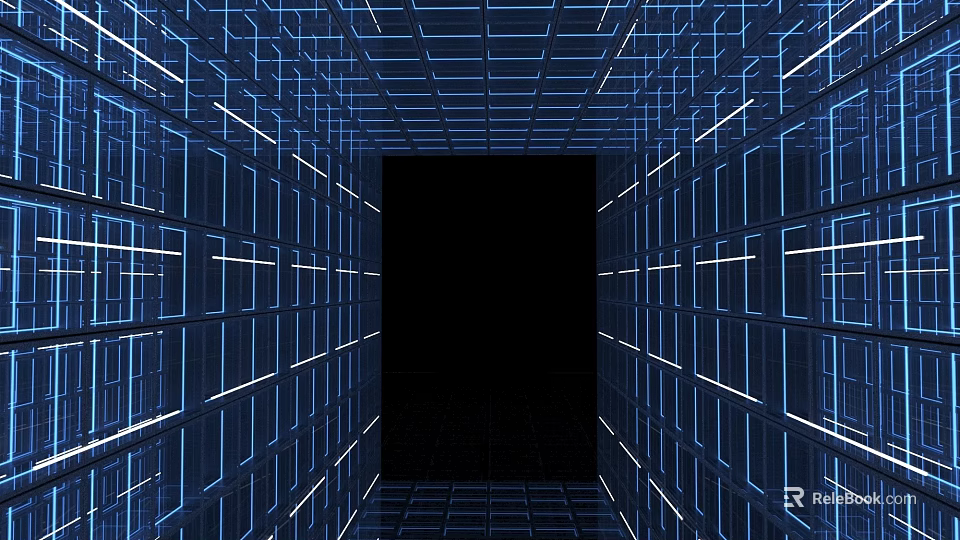 VR Experience Center Featuring Futuristic Grid Tunnel With Blue Glowing Lines 3d model 