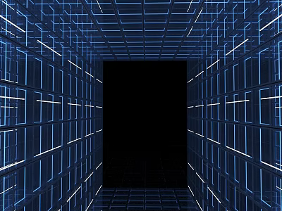 VR Experience Center Featuring Futuristic Grid Tunnel With Blue Glowing Lines 3d model