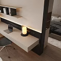 Modern Desk Interior With Floating Shelf Lamp Laptop And Black Chair
