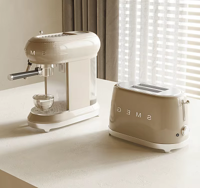 SMEG Cream Coffee Machine And Toaster With Modern Design On Kitchen Counter 3d model