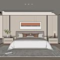 Modern Minimalist Bedroom Interior With Stylish Headboard Nightstands Decorative Painting And Soft Rug