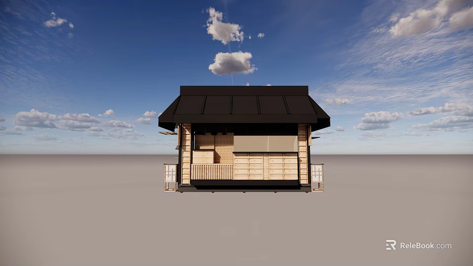 Authentic Traditional Japanese Restaurant With Black Roof And Wooden Exterior Porch 3d model 